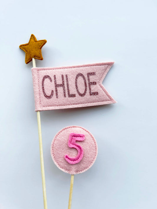 Personalized Pink Felt Flag Cake Topper