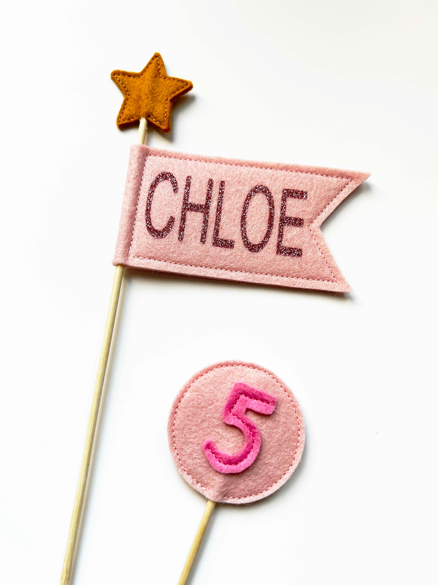 Personalized Pink Felt Flag Cake Topper