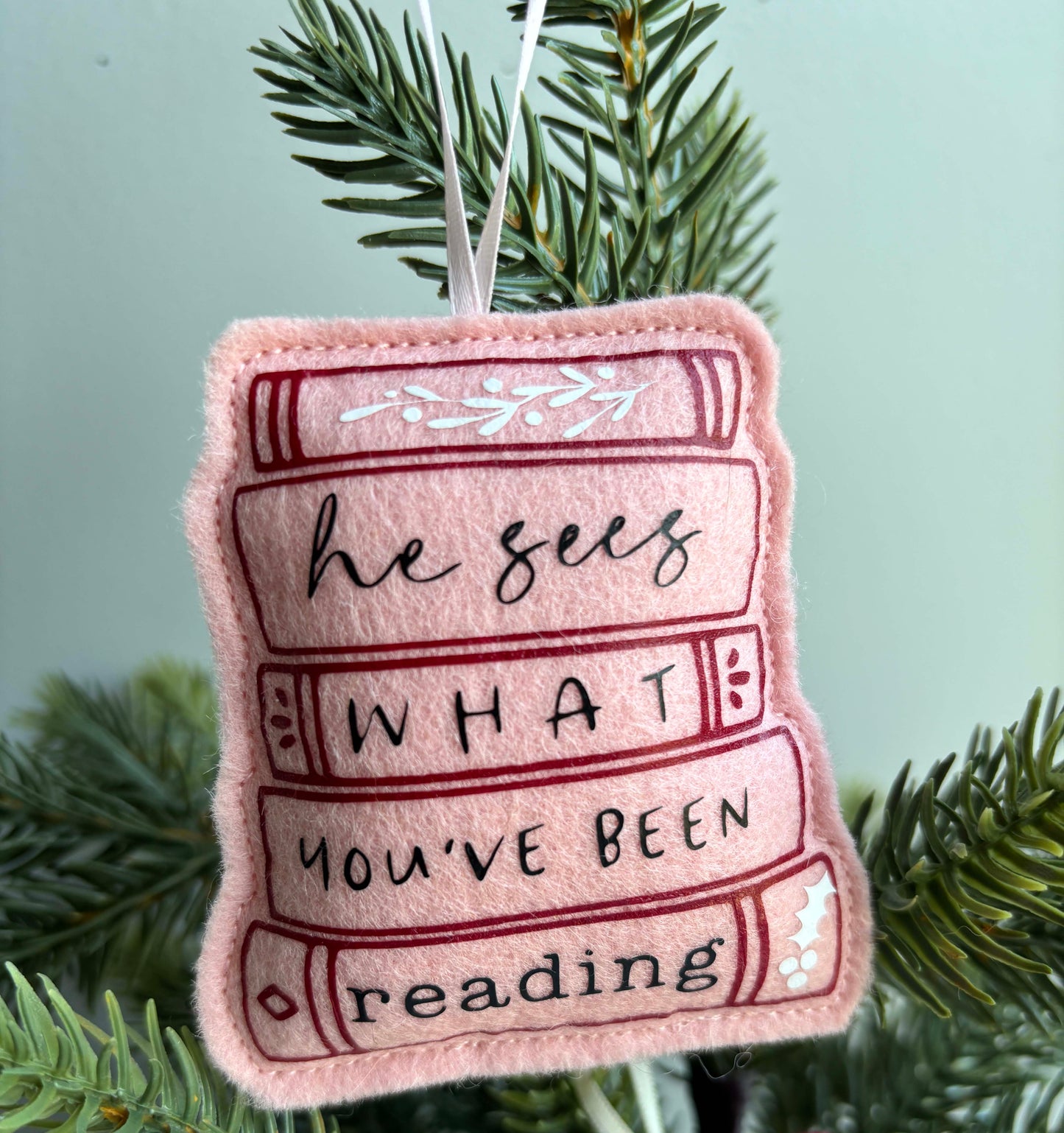 He sees what you've been Reading - Book Stack Felt Ornament