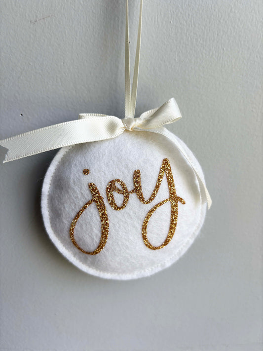 Wool White Felt JOY Christmas Ornament - Handmade Holiday Tree Decoration