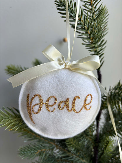 Wool White Felt PEACE Christmas Ornament - Handmade Holiday Tree Decoration