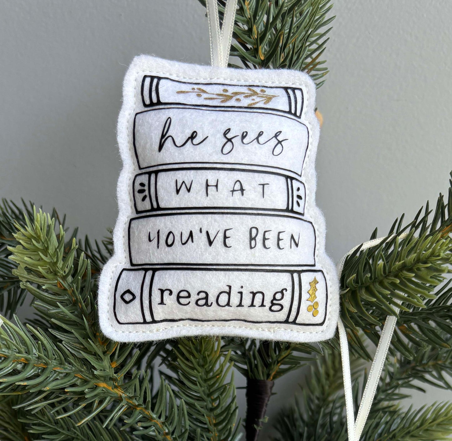 He sees what you've been Reading - Book Stack Felt Ornament