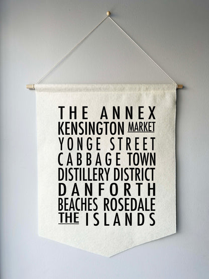 Toronto Bus Roll Wall Hanging - Toronto Neighbourhoods Felt Banner