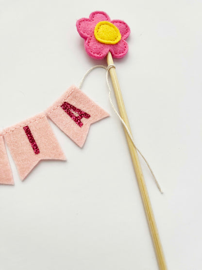 Pink Daisy Cake Banner / Felt Flower Custom Name Birthday Decoration