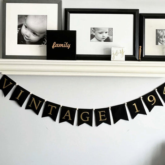 Vintage Year Birthday Banner, Black and Gold Party Garland