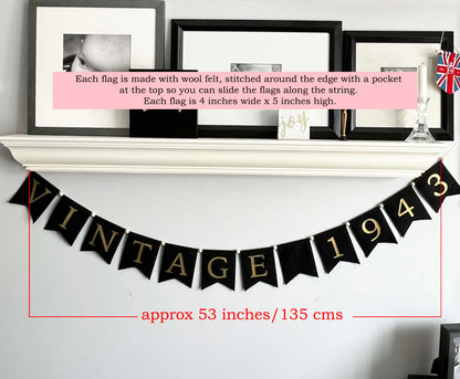 Vintage Year Birthday Banner, Black and Gold Party Garland