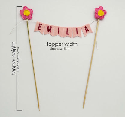 Pink Daisy Cake Banner / Felt Flower Custom Name Birthday Decoration