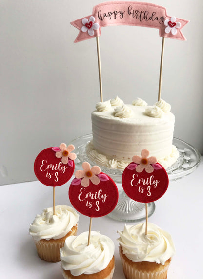 Red Felt Flower Cupcake Toppers (set of 3)