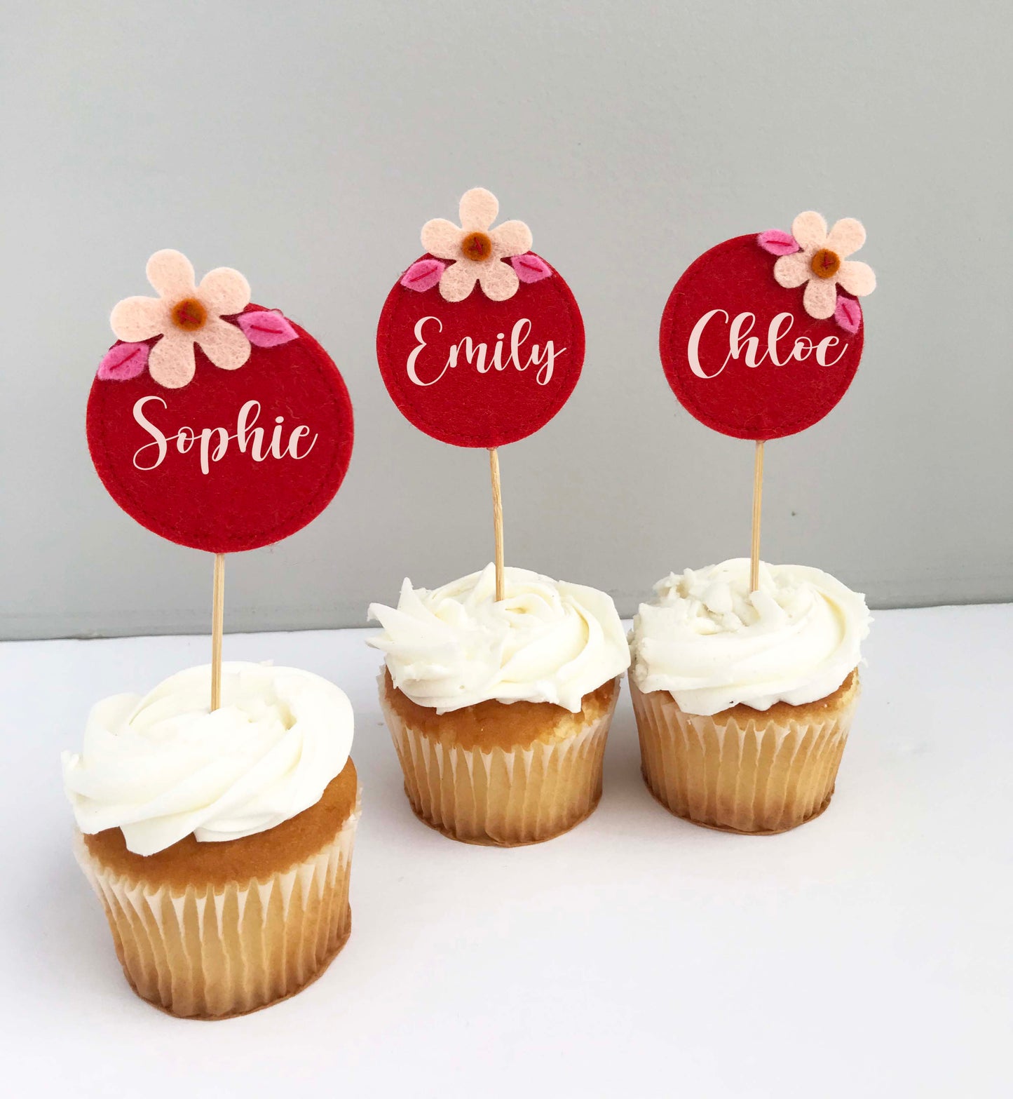 Red Felt Flower Cupcake Toppers (set of 3)