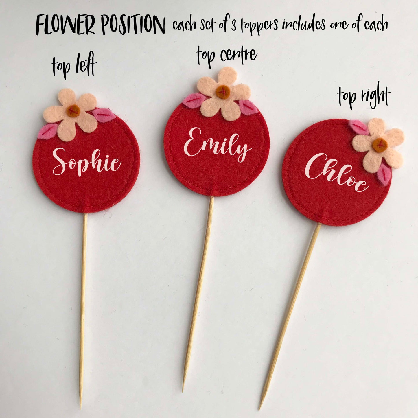 Red Felt Flower Cupcake Toppers (set of 3)