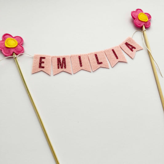 Pink Daisy Cake Banner / Felt Flower Custom Name Birthday Decoration