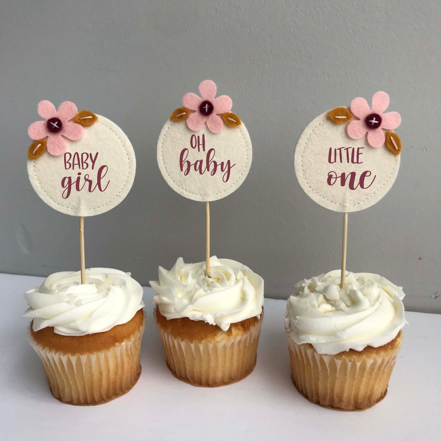 Baby Shower Pink Flower Cupcake Toppers (set of 3)