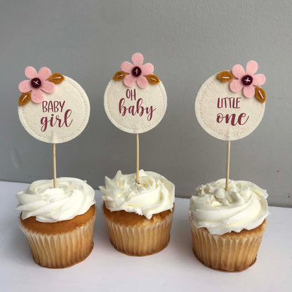 Baby Shower Pink Flower Cupcake Toppers (set of 3)