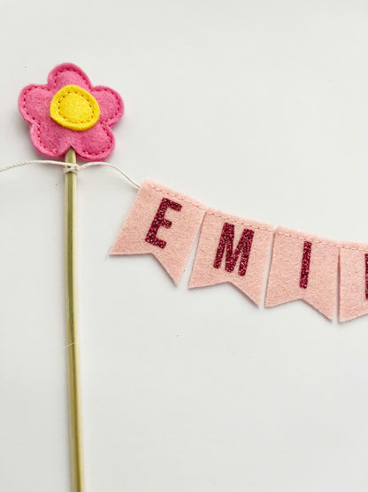 Pink Daisy Cake Banner / Felt Flower Custom Name Birthday Decoration