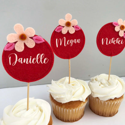 Red Felt Flower Cupcake Toppers (set of 3)