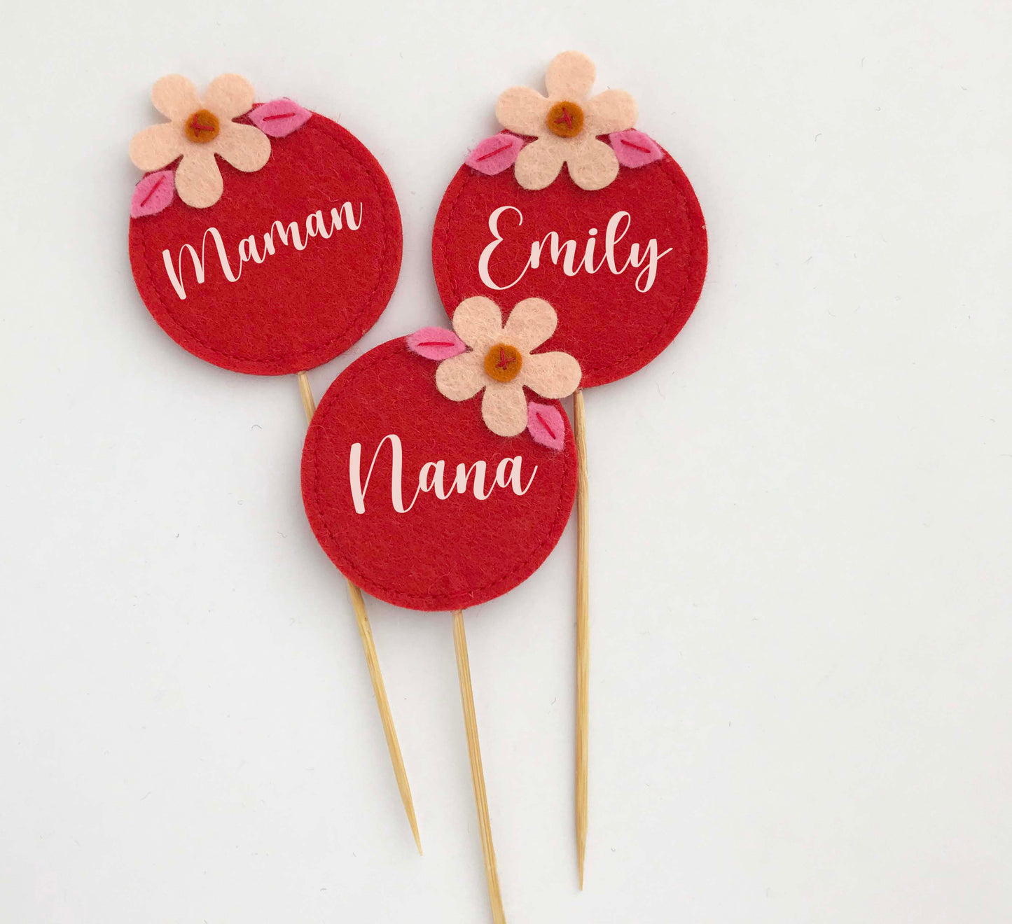 Red Felt Flower Cupcake Toppers (set of 3)