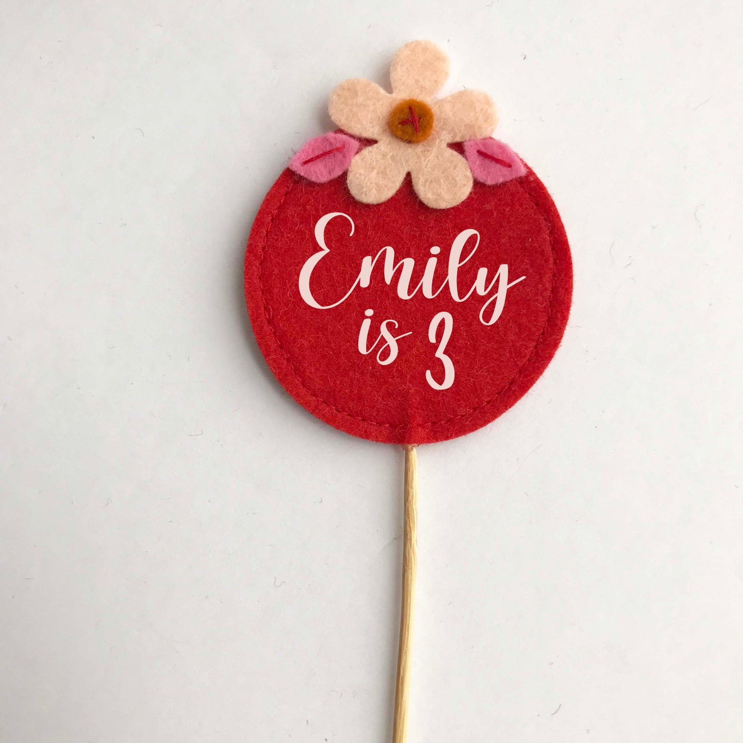 Red Felt Flower Cupcake Toppers (set of 3)