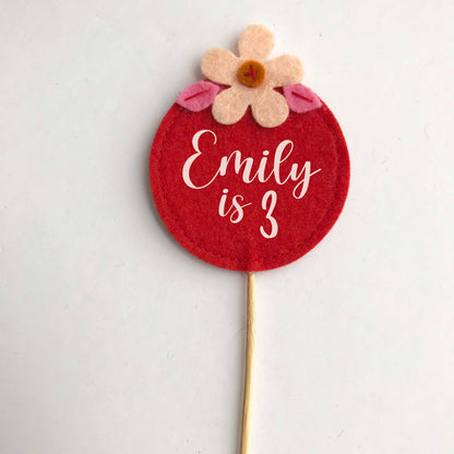 Red Felt Flower Cupcake Toppers (set of 3)