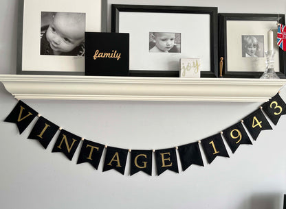 Vintage Year Birthday Banner, Black and Gold Party Garland